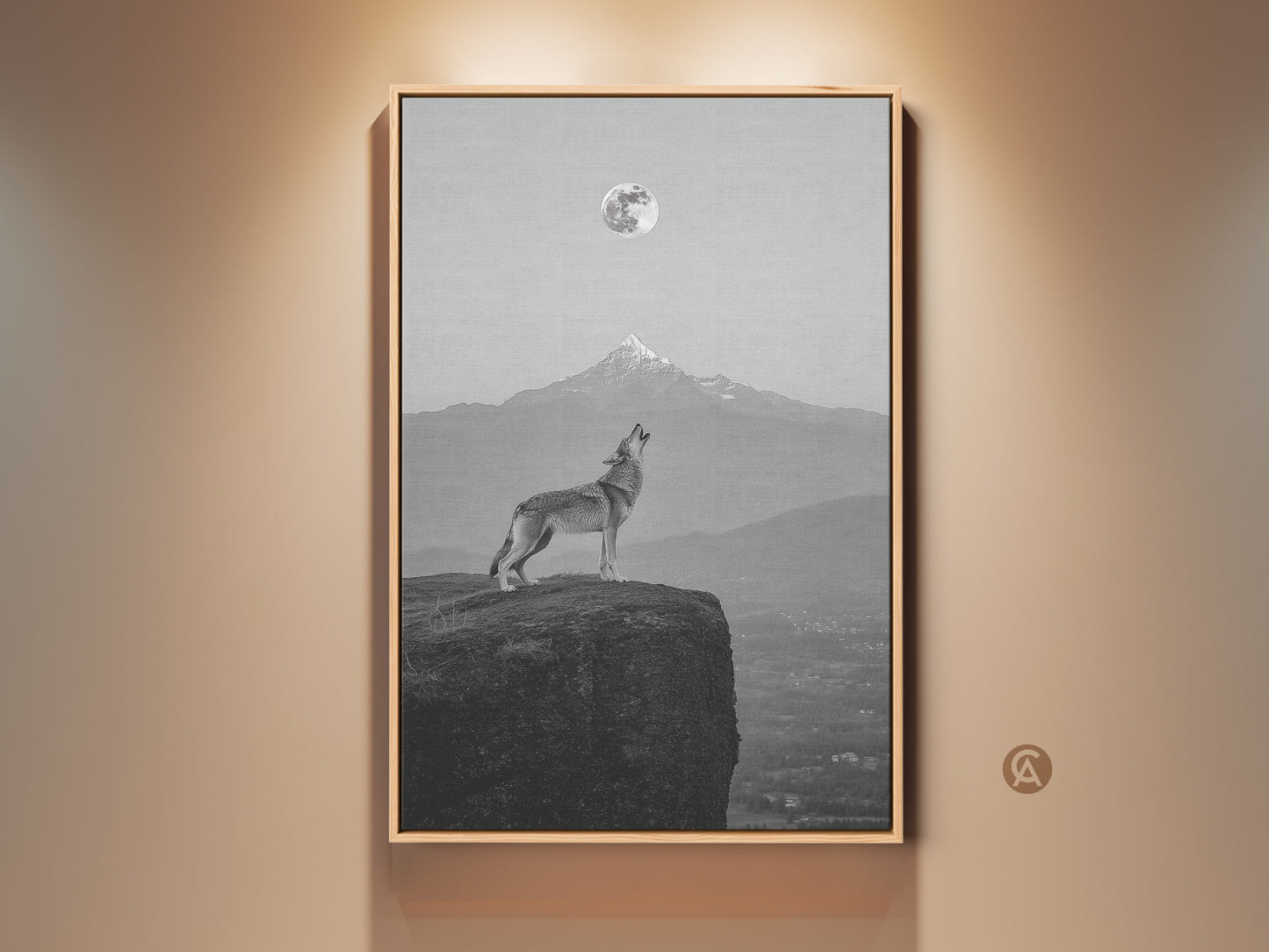 Framed wolf howling at moon canvas print. Monochrome mountain landscape art in a modern bedroom. The outdoor themed home decor is an elegant monochrome decor piece.