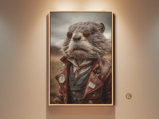 Dapper Otter artwork in a study room setting. This vintage animal portrait print showcases an otter wearing a waistcoat leather jacket and sunglasses. It's a unique gift for animal lovers seeking eclectic brown grey art decor for a sophisticated workspace.