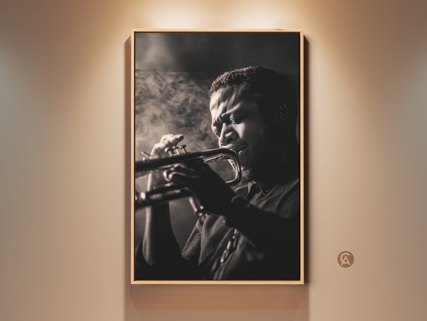 Black and white fine art photograph of a musician. He is intensely playing the trumpet. The artwork is displayed in a natural wood frame. This striking image captures the soul of jazz music. Perfect for music lovers. Shop framed art online.