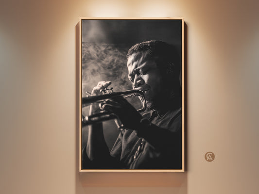 Black and white fine art photograph of a musician. He is intensely playing the trumpet. The artwork is displayed in a natural wood frame. This striking image captures the soul of jazz music. Perfect for music lovers. Shop framed art online.