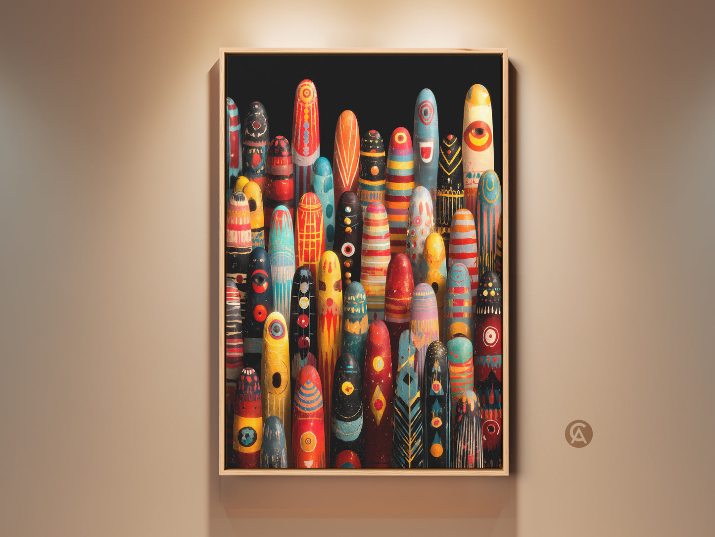 Eclectic boho home decor idea. Framed abstract tribal figurines wall art. View striking red yellow and teal colors. Find entryway wall art with a colorful pattern. This is a unique folk art housewarming gift. The tribal motif wall decor print adds personality.