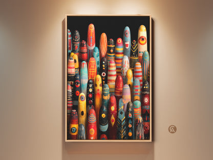 Eclectic boho home decor idea. Framed abstract tribal figurines wall art. View striking red yellow and teal colors. Find entryway wall art with a colorful pattern. This is a unique folk art housewarming gift. The tribal motif wall decor print adds personality.