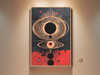 Framed abstract eye wall art print. A symbolic sunburst artwork with crimson copper and black accents. This piece enhances eclectic home decor adding a spiritual touch. The frame complements the modern abstract painting style.