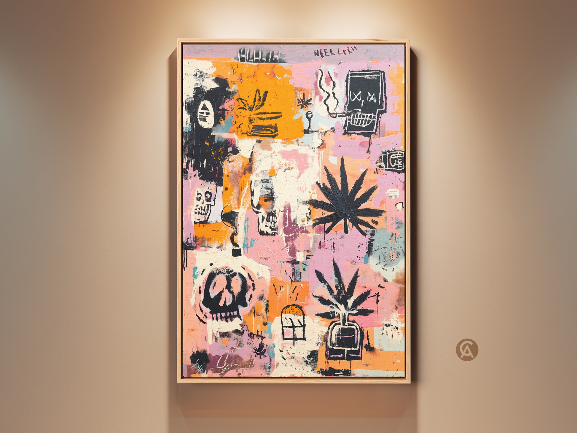 Framed canvas art print on a wall. The artwork features skulls and cannabis leaves. It has an abstract graffiti style. The art piece adds a modern edge to any room. Perfect for art collectors. Shop now to elevate your home decor with this unique wall art.