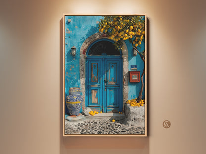 Coastal Lemon Tree Art Print This artwork captures Mediterranean charm. An azure blue door is framed by a lemon tree. It evokes travel and a relaxed boho coastal style. This art is perfect for unique home decor and thoughtful housewarming gifts.
