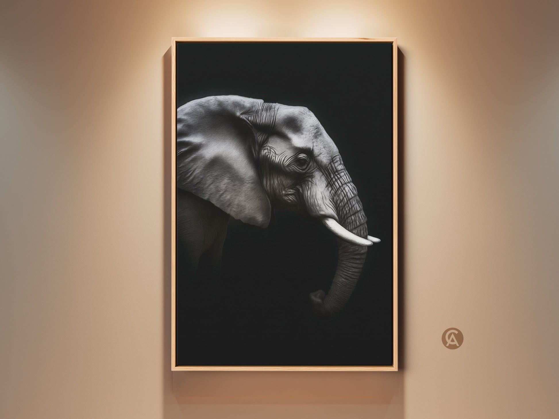Framed monochrome elephant art print on a beige wall. This realistic wildlife artwork adds a touch of elegance to any room. Perfect black and white animal canvas for office or home decor. It is a great gift for animal lovers looking for contemporary wildlife art.