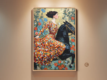Eclectic art nouveau canvas print featuring a woman riding a black horse. The artwork has a vibrant red orange gold floral art background. Perfect wall decor for art lovers. Add a touch of vintage charm to your bedroom or living room with this unique equestrian art. A great housewarming gift idea.