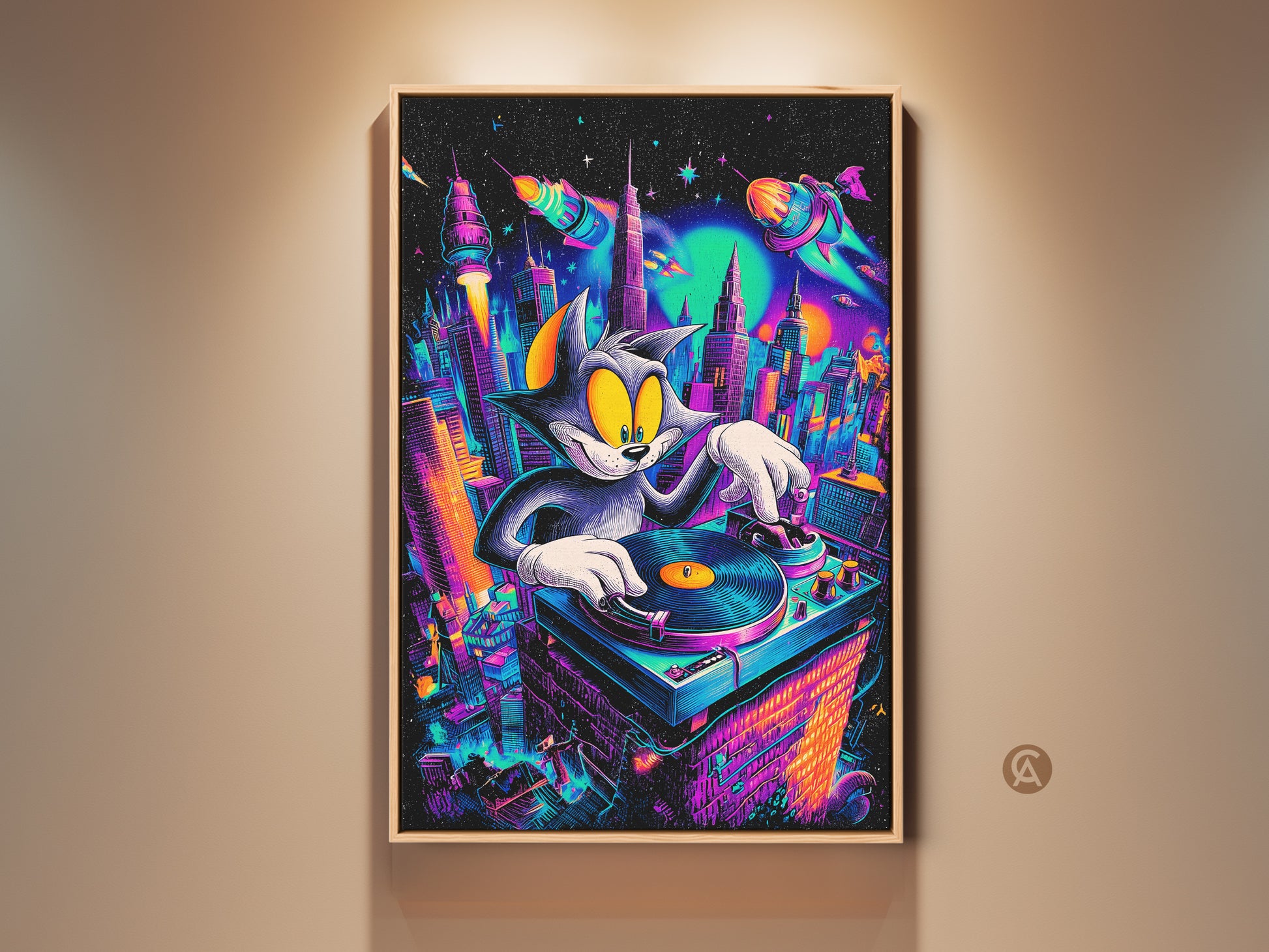 Tom and Jerry DJ art print. Features Tom cat spinning records in a vibrant city setting. Neon colors and cartoon style create a unique wall decor piece. Perfect for music and cartoon lovers. Add a playful touch to any room with this framed artwork.