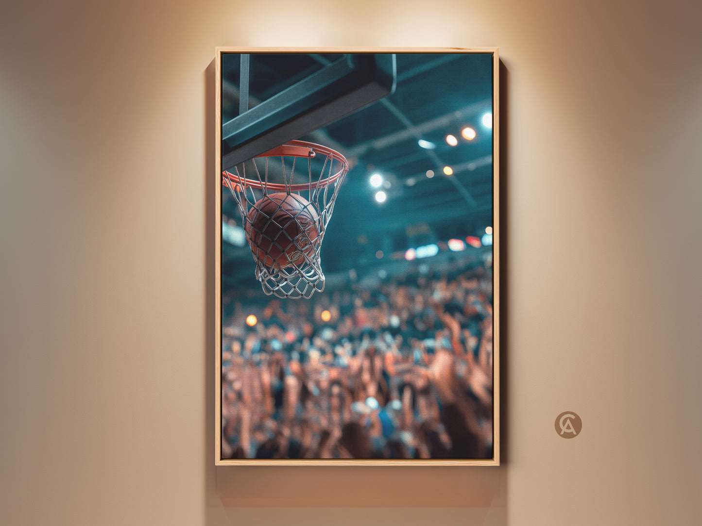 Basketball art print capturing the game winning shot. The ball goes through the net. The artwork is framed in a wooden frame. This sports art adds excitement to any room. A great gift for basketball fans.
