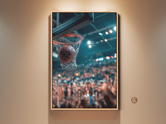 Basketball art print capturing the game winning shot. The ball goes through the net. The artwork is framed in a wooden frame. This sports art adds excitement to any room. A great gift for basketball fans.