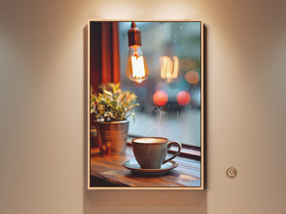 A cozy coffee cup art print. Steam rises from a latte on a wooden table near a rainy window. The warm brown and beige tones evoke a Scandinavian feel. It's perfect wall art for coffee lovers and adds hygge to any cafe or kitchen decor.