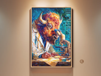 Framed artwork of a bull scientist. The bull is wearing a lab coat. He is looking into a microscope. The art is hanging on a beige wall. This painting is a unique piece. Great for science or animal lovers.