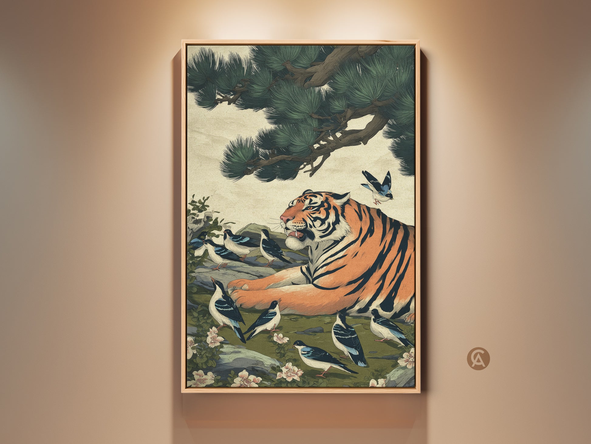 Framed Asian-style tiger and bird art print. This nature inspired wall decor features a majestic tiger. Delicate birds surround it in orange green and black tones. An eclectic wall hanging for living room bedroom or entryway.
