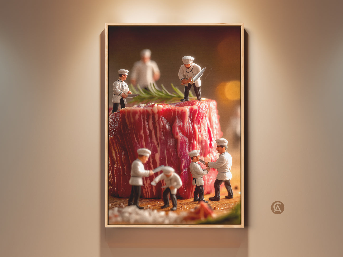 Framed artwork featuring miniature chefs preparing a giant steak. The artwork has a playful surreal quality. This unique food art adds a whimsical touch to any kitchen or dining area. Perfect for chefs and food art enthusiasts.