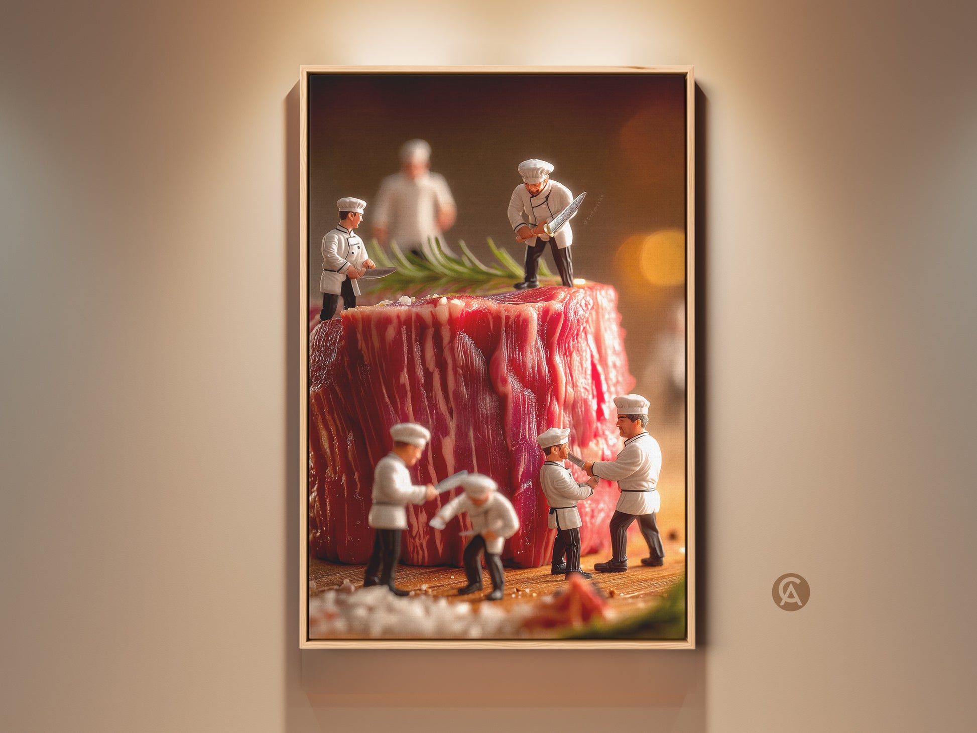 Framed artwork featuring miniature chefs preparing a giant steak. The artwork has a playful surreal quality. This unique food art adds a whimsical touch to any kitchen or dining area. Perfect for chefs and food art enthusiasts.