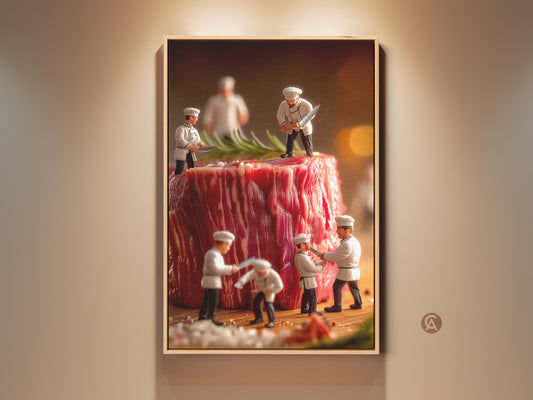 Framed artwork featuring miniature chefs preparing a giant steak. The artwork has a playful surreal quality. This unique food art adds a whimsical touch to any kitchen or dining area. Perfect for chefs and food art enthusiasts.