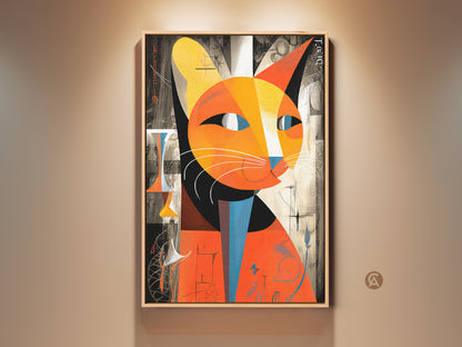 Framed abstract cat artwork in a modern living room setting. The orange and yellow cubist feline print adds an eclectic touch. Perfect wall decor for cat lovers seeking unique pet portraits and geometric art.
