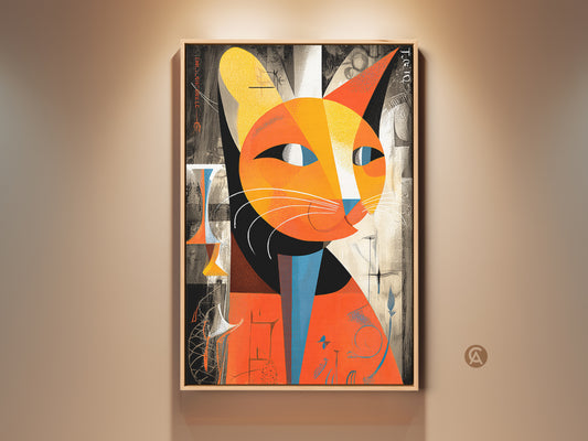 Framed abstract cat artwork in a modern living room setting. The orange and yellow cubist feline print adds an eclectic touch. Perfect wall decor for cat lovers seeking unique pet portraits and geometric art.