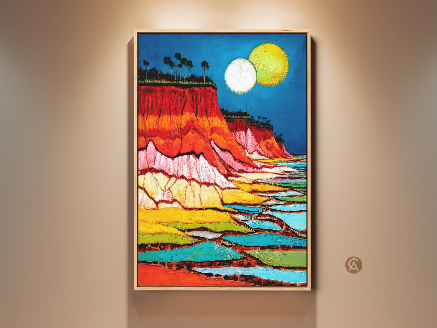Experience otherworldly travel with this abstract cliff art print. It shows a moon over a vibrant landscape canvas. The crimson red wall art and azure blue sky art makes eclectic home decor. Perfect as a housewarming gift for travel lovers. Enjoy its textured nature abstract style for a unique entry hall wall decor.