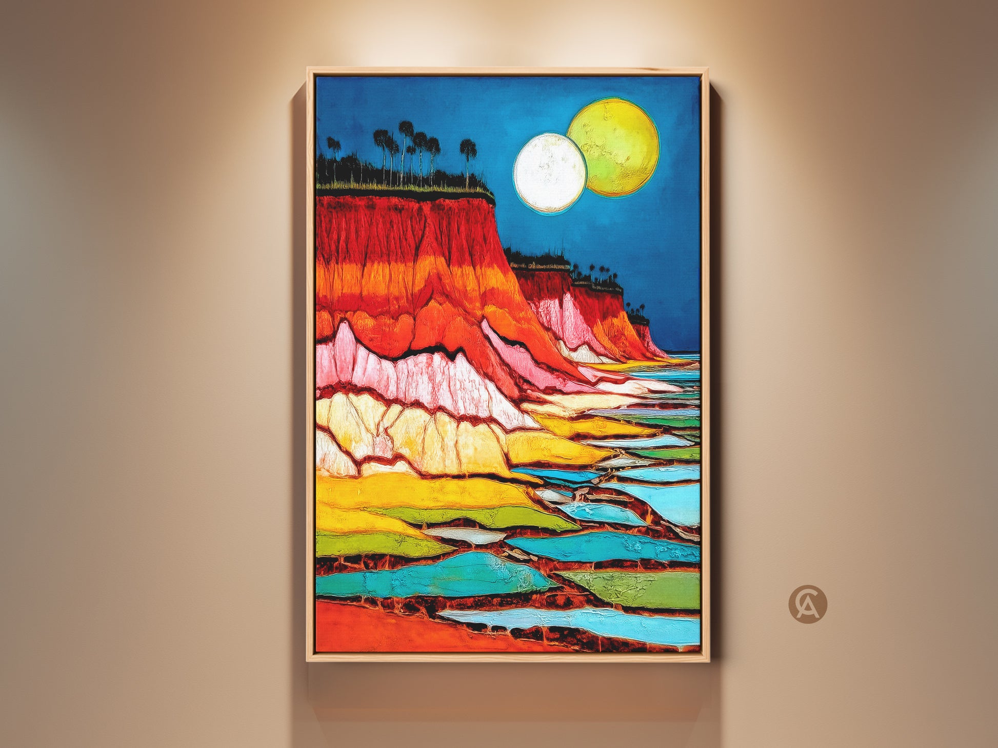 Experience otherworldly travel with this abstract cliff art print. It shows a moon over a vibrant landscape canvas. The crimson red wall art and azure blue sky art makes eclectic home decor. Perfect as a housewarming gift for travel lovers. Enjoy its textured nature abstract style for a unique entry hall wall decor.
