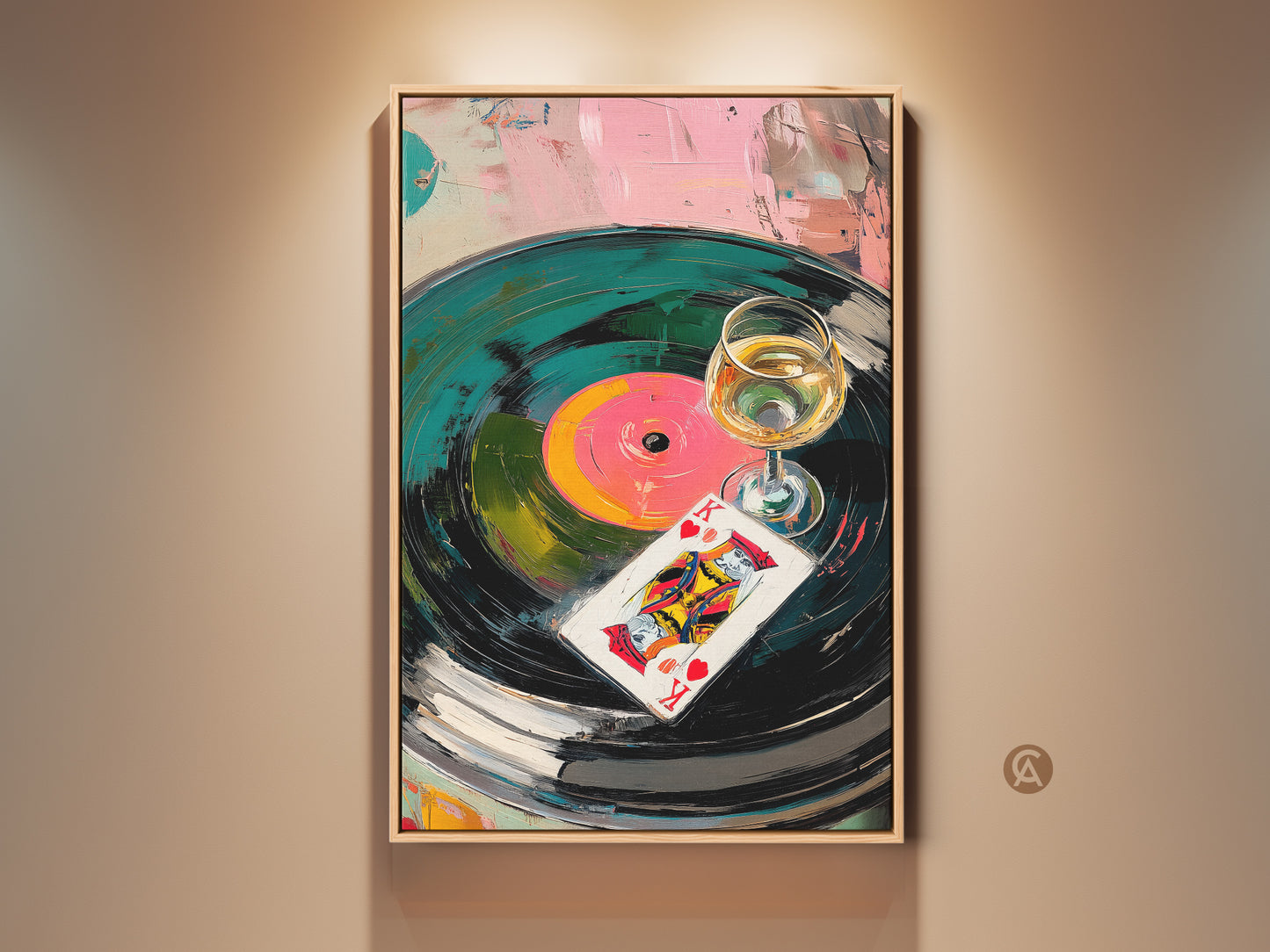Teal Green and Pink Vinyl Record Abstract Canvas Print. Eclectic bar decor for music lovers. King of Hearts card and a wine glass are featured. This artwork makes a great housewarming gift. Perfect for a lounge or music room. It's a unique blend of music gambling and still life elements.
