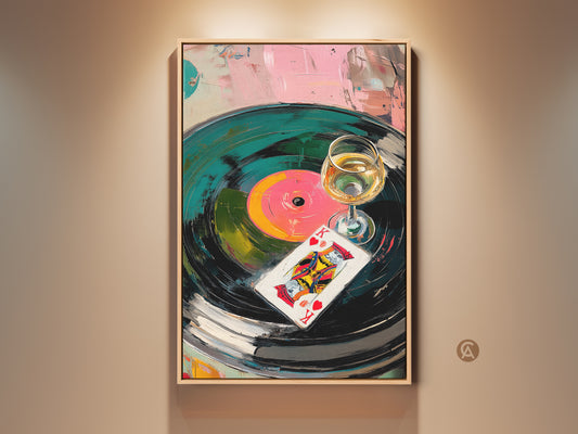 Teal Green and Pink Vinyl Record Abstract Canvas Print. Eclectic bar decor for music lovers. King of Hearts card and a wine glass are featured. This artwork makes a great housewarming gift. Perfect for a lounge or music room. It's a unique blend of music gambling and still life elements.