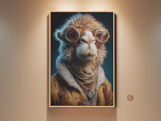 Framed steampunk camel pilot canvas artwork. This eclectic office and home gift features a vintage animal wall decor print. The tan gold color palette enhances the desert explorer theme. Buy this unique wall hanging to add whimsy to your space.