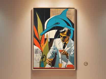 A surreal blend of retro futurism and marine life. This captivating canvas art print features a dolphin and a scientist. Teal and orange hues create an eclectic graphic novel aesthetic perfect as conversation starting wall decor for a home bar or creative office. Buy this unique science lovers gift artwork today.