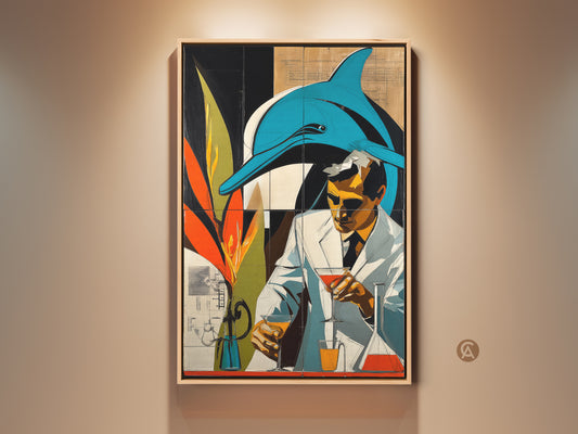 A surreal blend of retro futurism and marine life. This captivating canvas art print features a dolphin and a scientist. Teal and orange hues create an eclectic graphic novel aesthetic perfect as conversation starting wall decor for a home bar or creative office. Buy this unique science lovers gift artwork today.