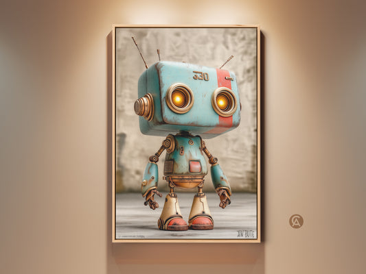 Framed robot art print. This artwork features a whimsical robot with glowing eyes. It has a retro aesthetic. The frame complements the art. It is ready to hang and enjoy.