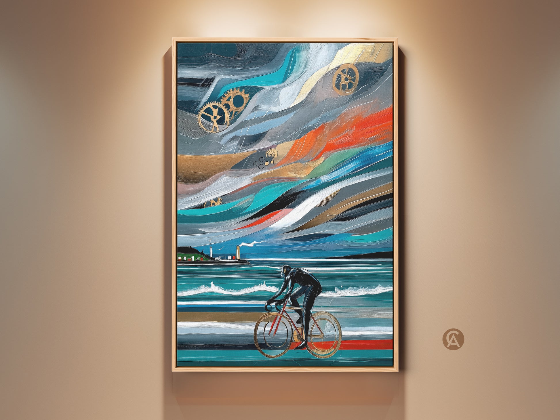 Abstract cyclist art on canvas. This dynamic artwork features a cyclist and industrial gears. The art uses a captivating blue orange and teal palette. Perfect for an office or sports decor setting. A great and unique cycling gift and a modern art piece to hang.