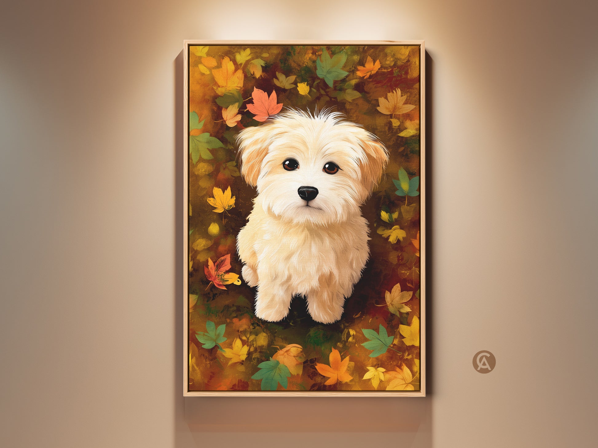 Charming maltipoo puppy art print. This framed artwork captures the essence of autumn. The dog sits amid colorful fall leaves. A delightful piece for dog lovers seeking seasonal home decor.