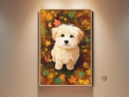 Charming maltipoo puppy art print. This framed artwork captures the essence of autumn. The dog sits amid colorful fall leaves. A delightful piece for dog lovers seeking seasonal home decor.