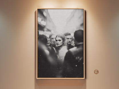 Black and White Wall Art for sophisticated spaces. This contemporary monochrome street photography captures a woman's portrait. It's perfect for bedroom and living room decor. The urban fine art print adds an aesthetic touch to any home office. A thoughtful housewarming gift for art enthusiasts. This artwork enhances modern interiors.