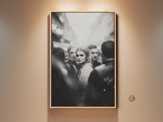 Black and White Wall Art for sophisticated spaces. This contemporary monochrome street photography captures a woman's portrait. It's perfect for bedroom and living room decor. The urban fine art print adds an aesthetic touch to any home office. A thoughtful housewarming gift for art enthusiasts. This artwork enhances modern interiors.