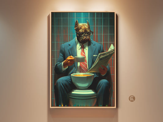 Vintage French Bulldog art print. The dog is dressed in a suit reading a newspaper on a toilet. This surreal office decor adds a humorous and eclectic touch. A unique gift for dog lovers. This canine art features blue red and teal hues.