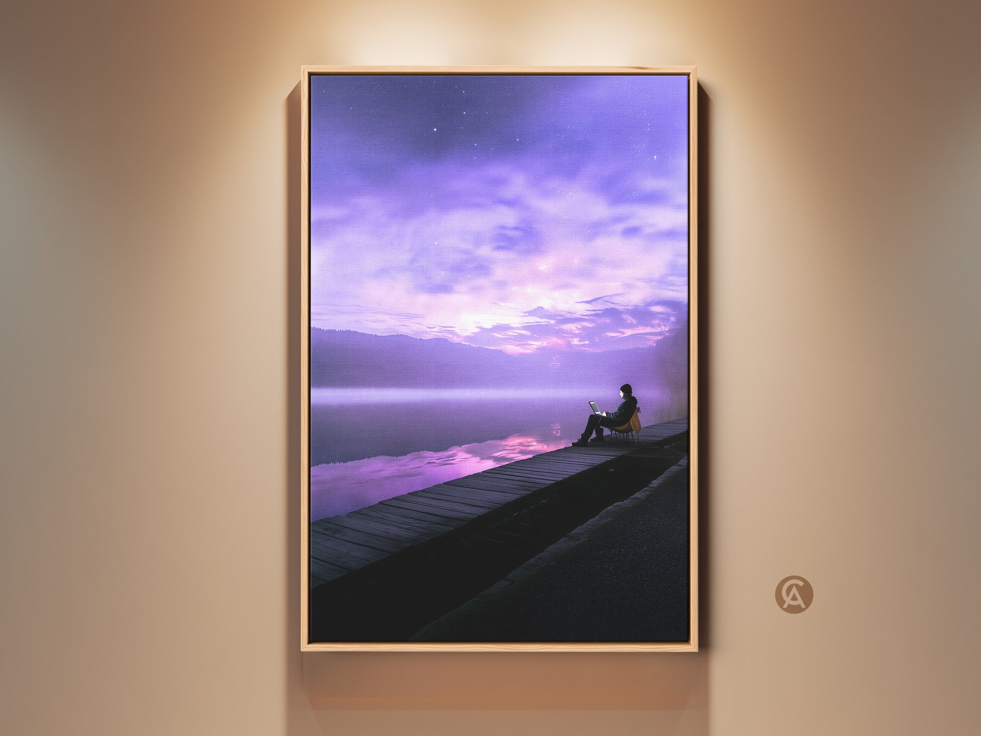 Modern fantasy artwork featuring a person working on a laptop. This surreal lake art print showcases a violet skyscape and tranquil water reflection. Perfect modern landscape wall decor for a study room or office. A dreamy dock scene print that brings calm and inspiration.