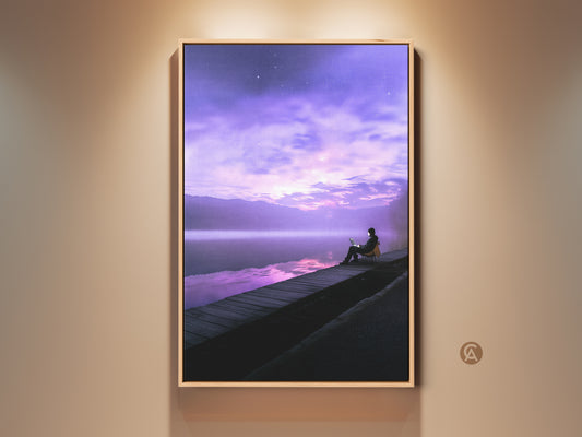 Modern fantasy artwork featuring a person working on a laptop. This surreal lake art print showcases a violet skyscape and tranquil water reflection. Perfect modern landscape wall decor for a study room or office. A dreamy dock scene print that brings calm and inspiration.