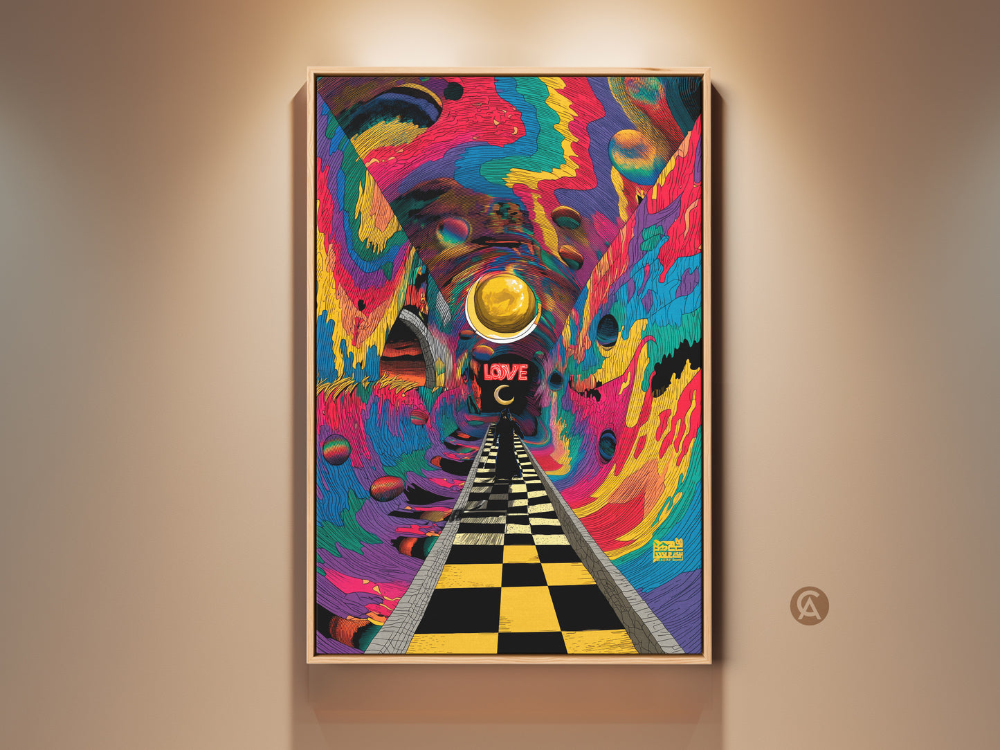 Vibrant psychedelic tunnel artwork. The art features a checkered path leading to the word LOVE. A golden orb floats above creating a surreal perspective. This framed art print adds a focal point to any room. Shop now for unique wall decor.