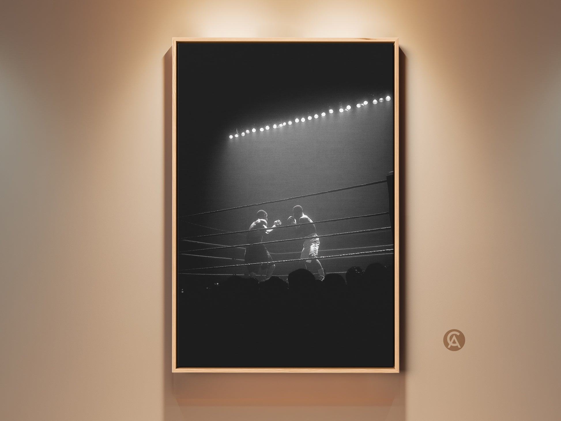 Dramatic black and white boxing match artwork hangs in a spotlight lit room. This sports photography print brings industrial style to man caves and offices. A unique gift for fighter fans.