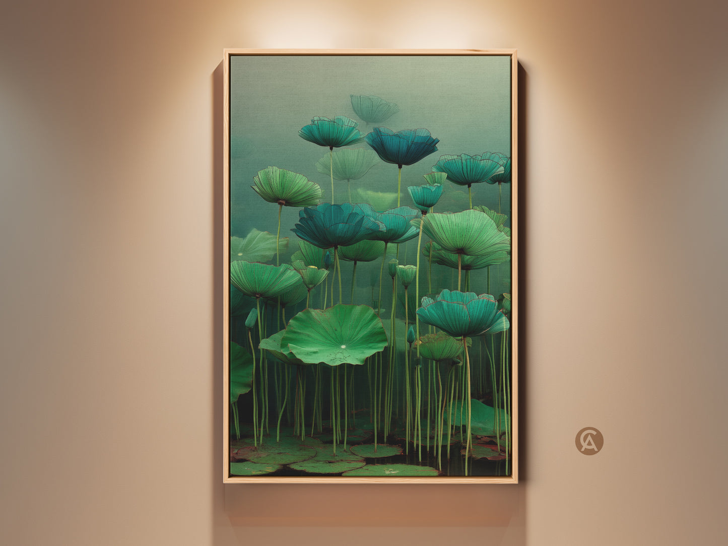 Emerald Zen Ink Lotus Wall Art. Teal and green hues bring a calm zen vibe. This botanical canvas print is framed in oak. It's ideal for a Japandi style bedroom. Perfect as a housewarming gift or plant mom gift nature wall art.