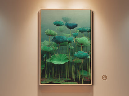 Emerald Zen Ink Lotus Wall Art. Teal and green hues bring a calm zen vibe. This botanical canvas print is framed in oak. It's ideal for a Japandi style bedroom. Perfect as a housewarming gift or plant mom gift nature wall art.