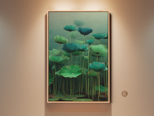 Emerald Zen Ink Lotus Wall Art. Teal and green hues bring a calm zen vibe. This botanical canvas print is framed in oak. It's ideal for a Japandi style bedroom. Perfect as a housewarming gift or plant mom gift nature wall art.
