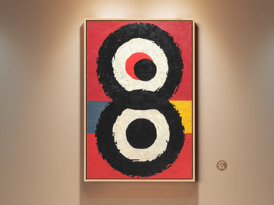 Mid-Century Modern art print featuring bold red black circles. Abstract geometric decor makes a striking entryway painting. A unique gift for the art enthusiast. The artwork adds a contemporary touch to any modern space.