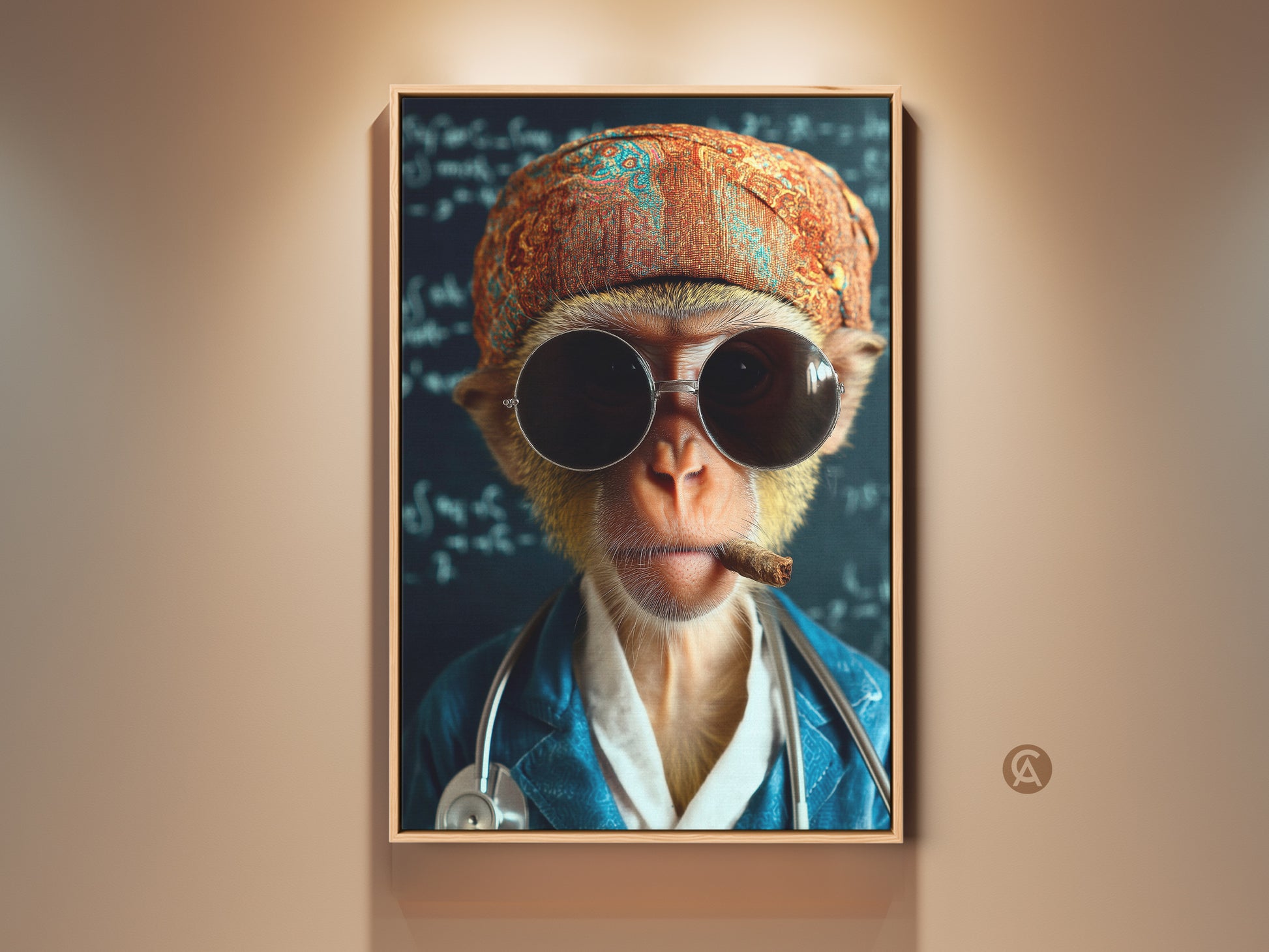 Framed Monkey Doctor Art Print in a warm-toned room. This surreal animal art features a monkey with a stethoscope and sunglasses. It's quirky office decor for those seeking eclectic wall art. A unique gift for nurses or doctors adding humor to any space.