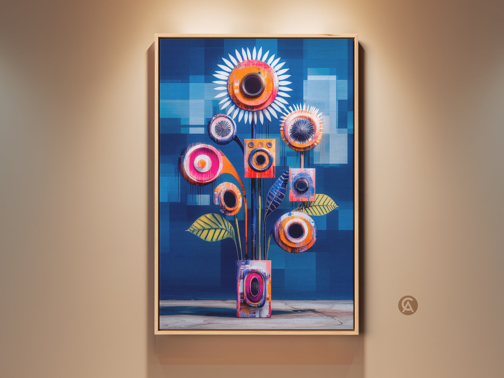 This Mid Century Modern art print features an abstract geometric floral composition in teal and orange. The artwork is framed and displayed under a spotlight. It adds a contemporary touch to any space. Ideal as an office art gift or a unique housewarming present.