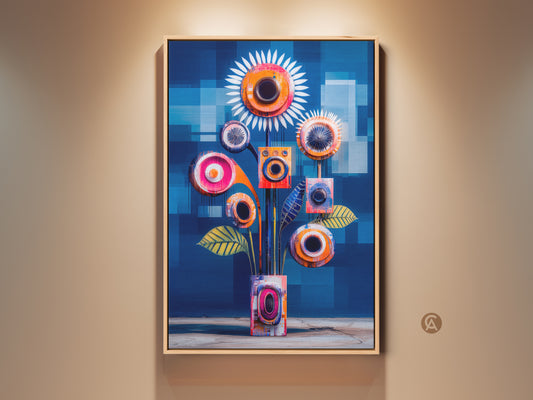 This Mid Century Modern art print features an abstract geometric floral composition in teal and orange. The artwork is framed and displayed under a spotlight. It adds a contemporary touch to any space. Ideal as an office art gift or a unique housewarming present.