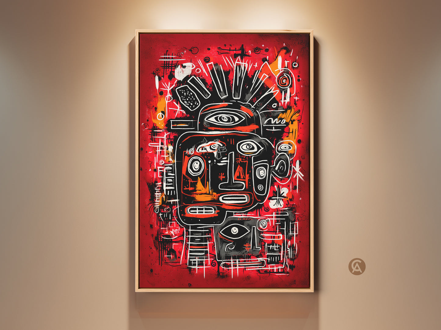 A framed artwork hangs on a beige wall. The artwork features a red background with an abstract face. The face is black and white with orange accents. Shop for this unique piece today