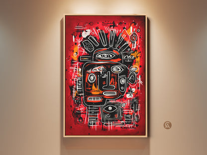 A framed artwork hangs on a beige wall. The artwork features a red background with an abstract face. The face is black and white with orange accents. Shop for this unique piece today