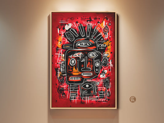 A framed artwork hangs on a beige wall. The artwork features a red background with an abstract face. The face is black and white with orange accents. Shop for this unique piece today